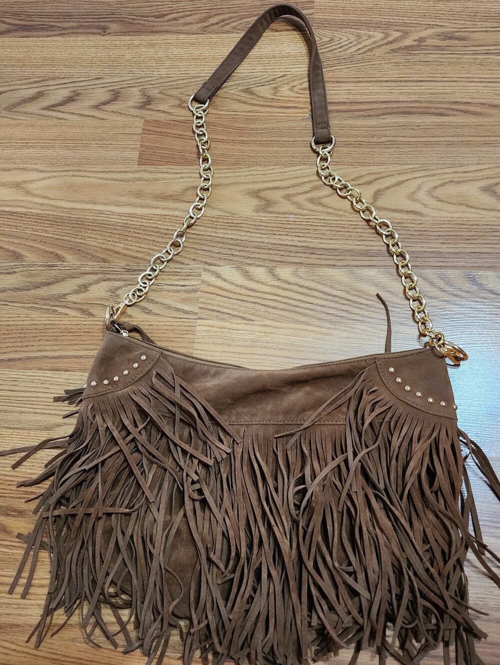 Brown Fringe Studded Tassel Faux Suede Leather Crossbody Hobo Bag Satchel Purse